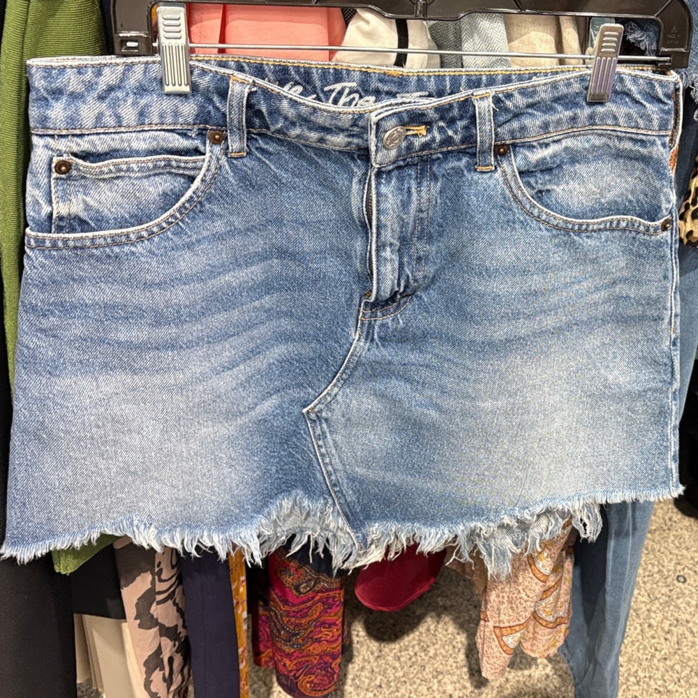 Free People Light Wash Denim Mini Skirt with Frayed Hem